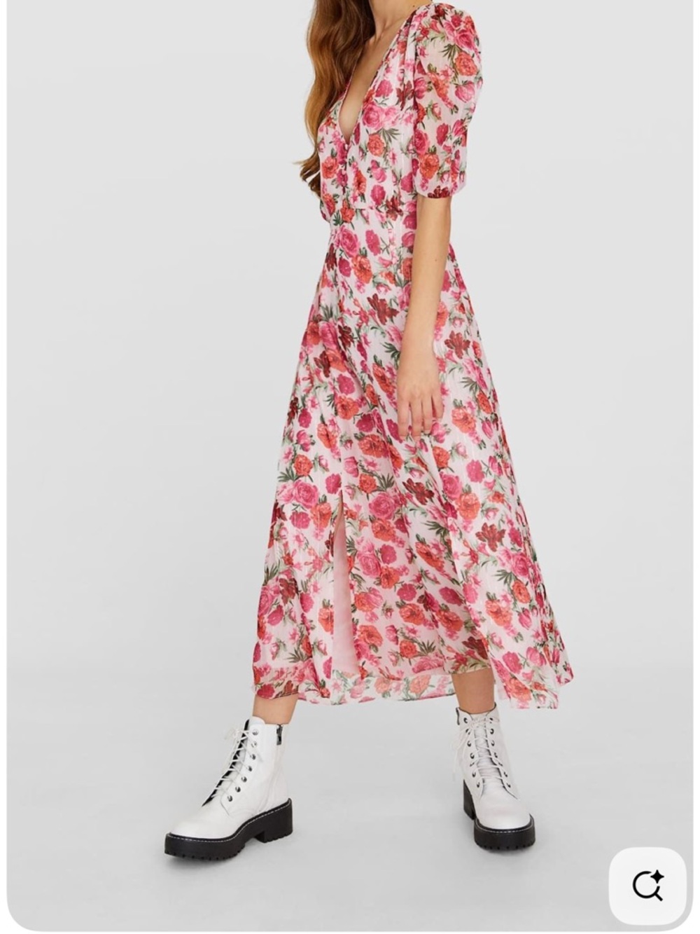 Stradivarius Pink Floral Midi Dress – Puff Sleeves Feminine Chic - Picture 2 of 14